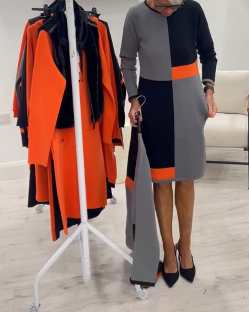 Round neck four-square color matching elegant dress