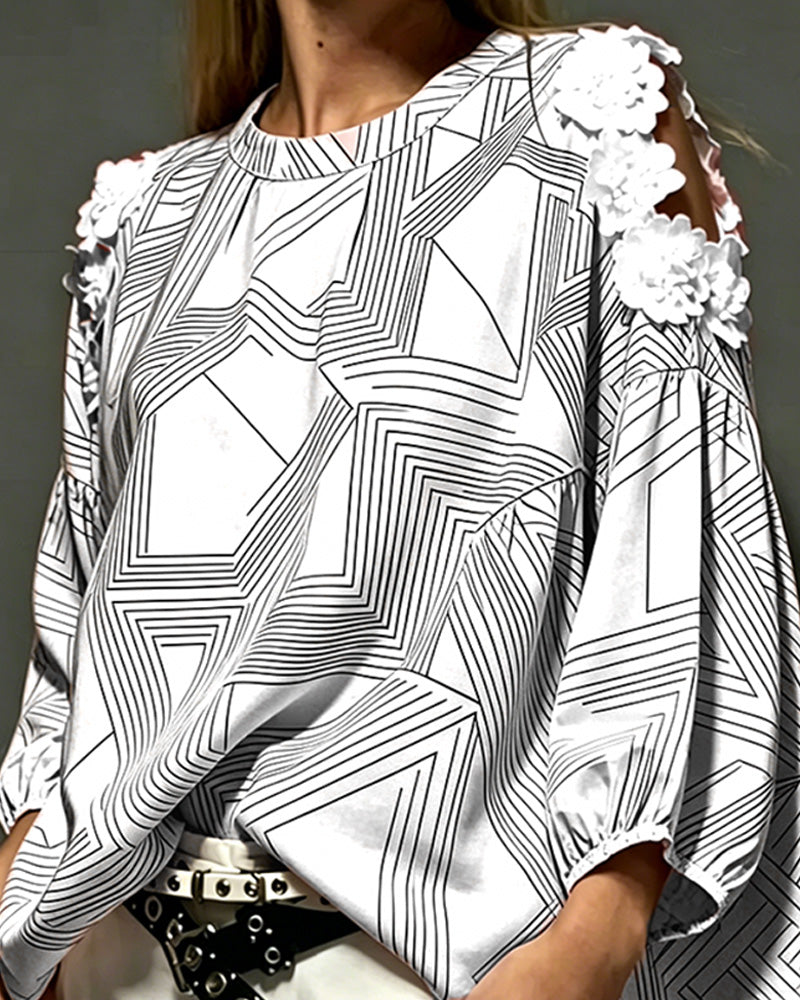 Crew Neck Off-Shoulder Geometric Loose Blouse