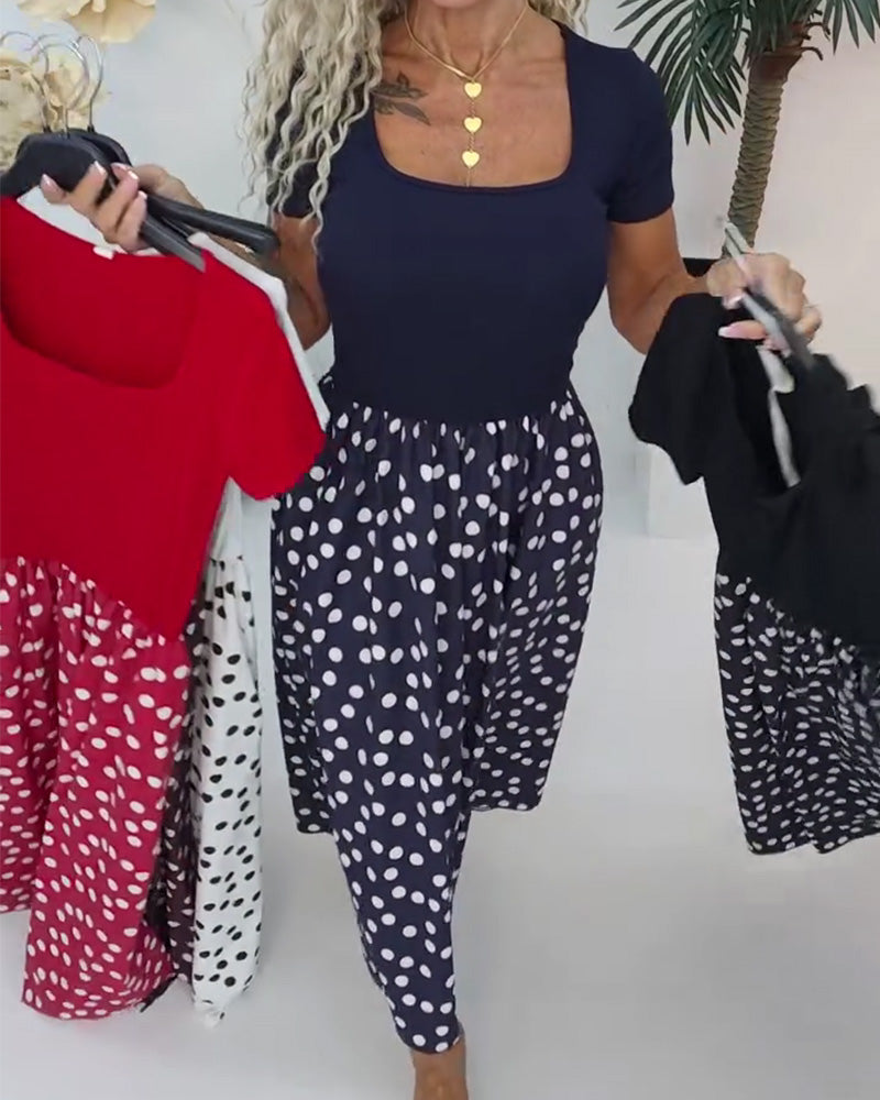 Square Neck Polka Dot Patchwork Dress