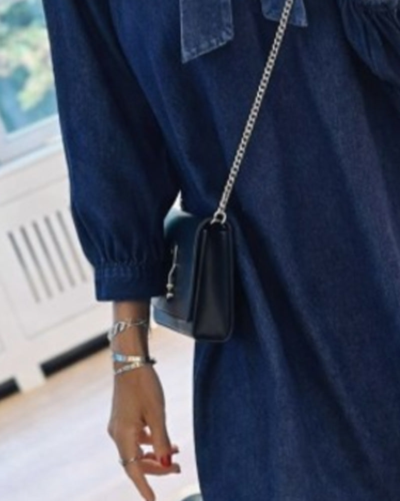 Denim Bow-Tie Three-Quarter Sleeve Dress