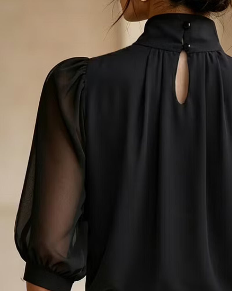 High Neck Puff Elbow-Length Sleeve Chiffon Blouse