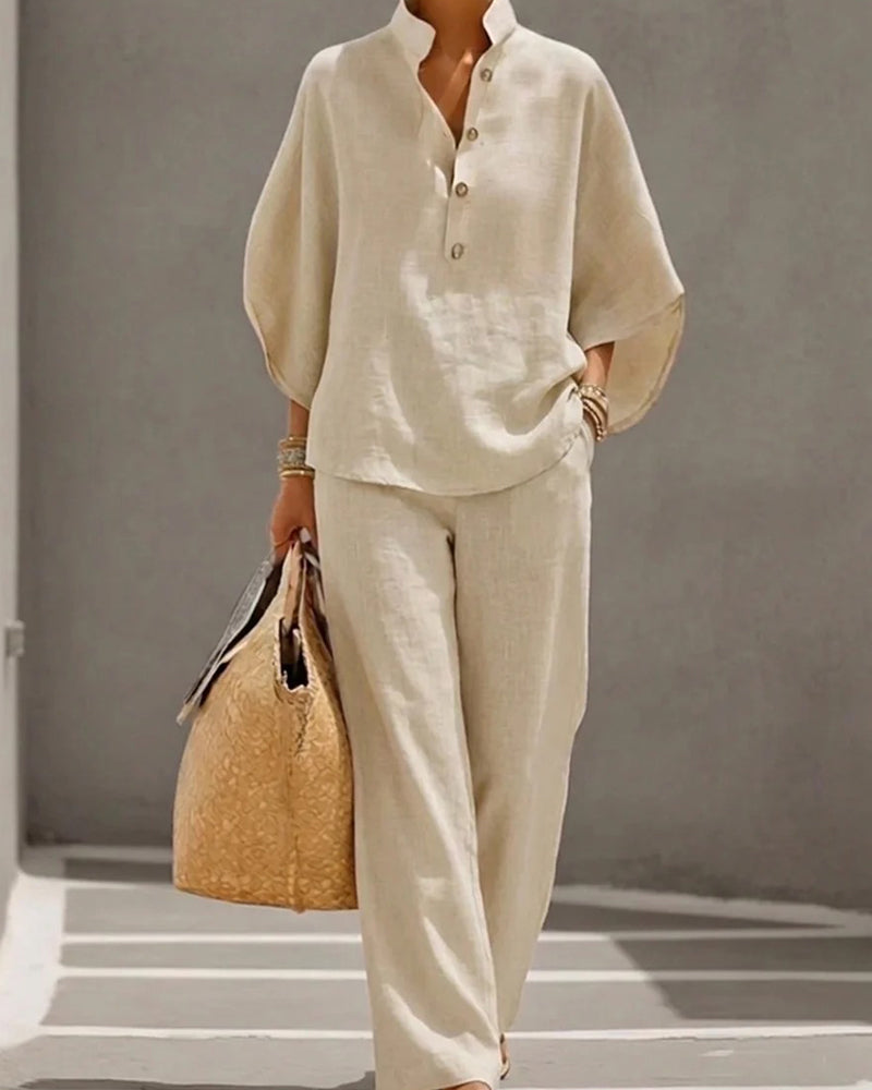 Stand Collar Batwing Sleeve Wide-Leg Pants Set