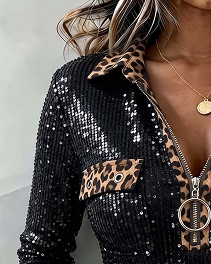 Stylish Leopard Patchwork Zip Top