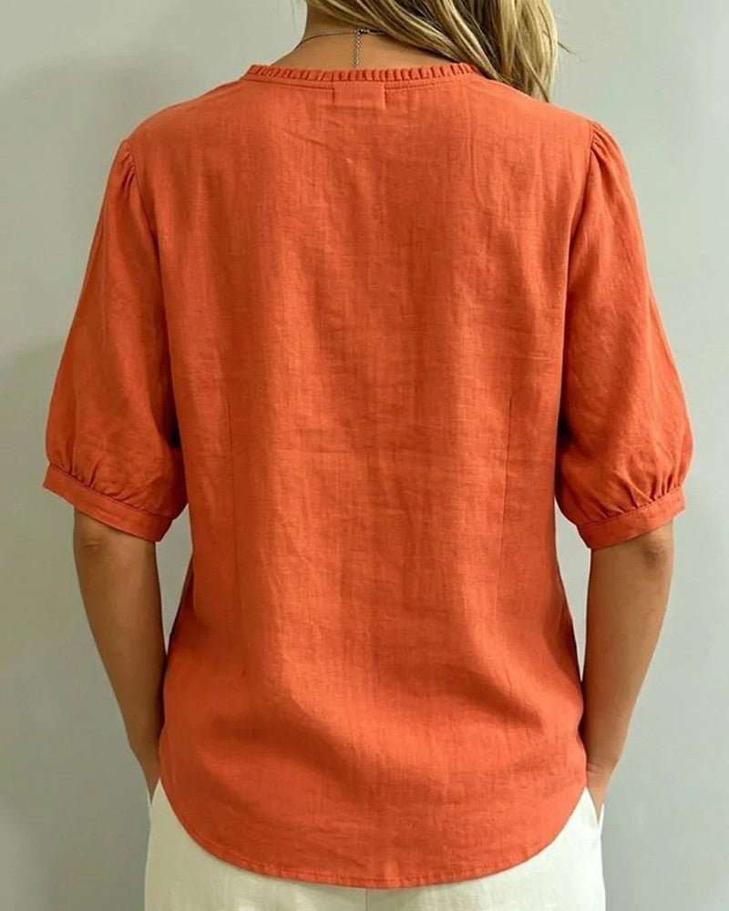 Ruffle Trim Button Pocket Blouse