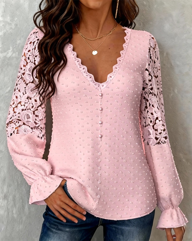 Solid Color 3D Crochet V-neck Blouse