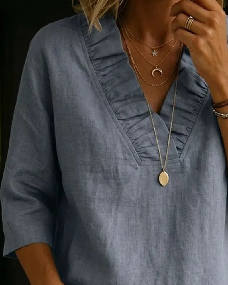 100% Cotton Ruffle V-Neck Three-Quarter Sleeve Blouse