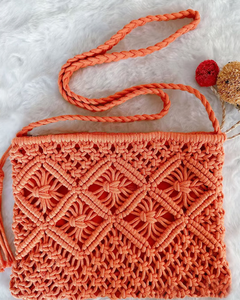 🏆Flash Sale⚡Minimalist Tassel Women's Clutch – Retro Cotton Rope Woven Bag, Summer Vacation Boho Beach Purse