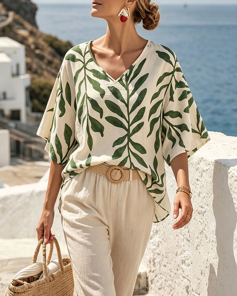 V-Neck Half Sleeve Leaf Print Blouse