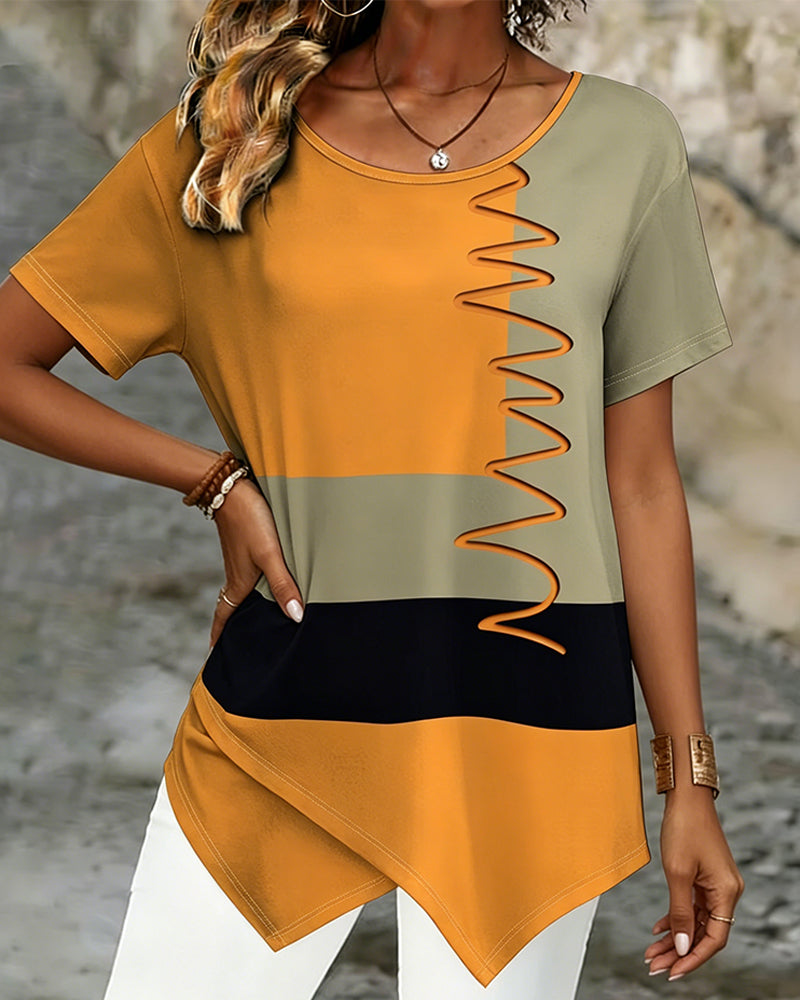 Color-Block Irregular Short Sleeve T-Shirt