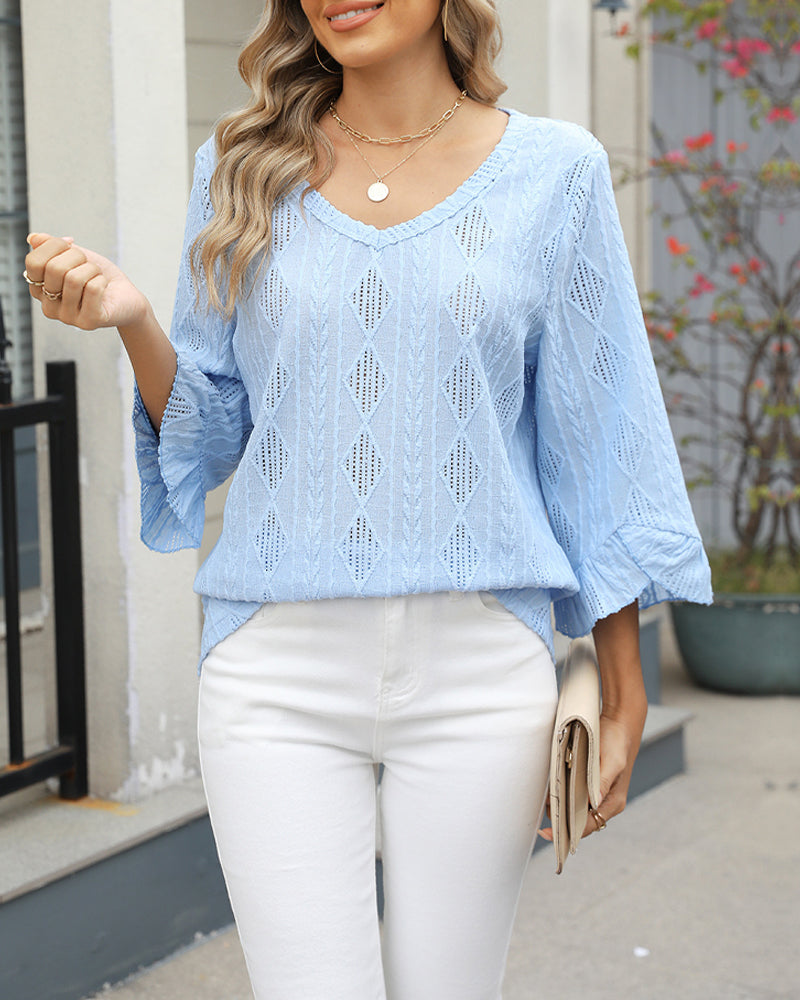 Diamond Check Hollow Trumpet Sleeve Top