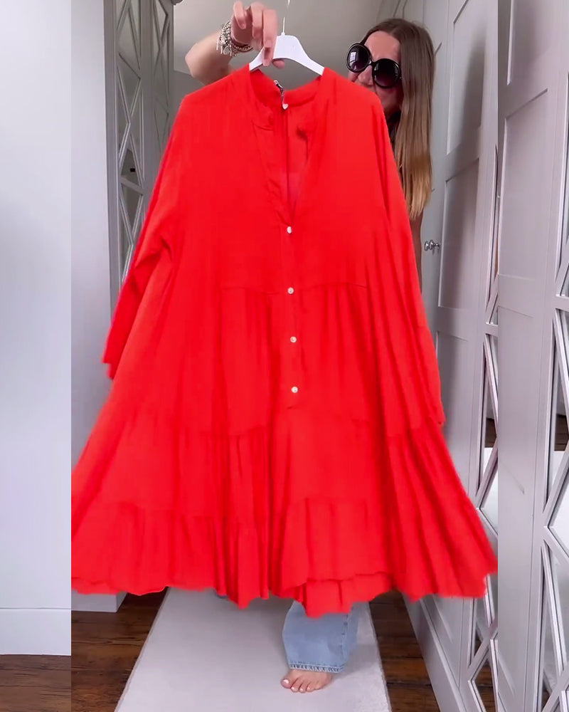 Solid color V-neck flared long-sleeve patchwork dress