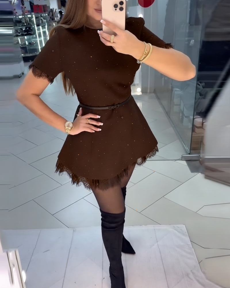 Sparkling Lace Short-Sleeve A-Line Dress