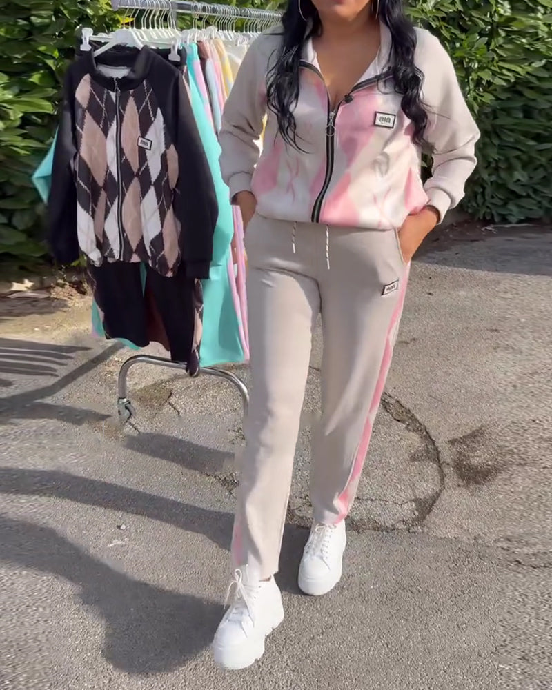 Plaid Zip-Up Top And Trousers Two-Piece Set