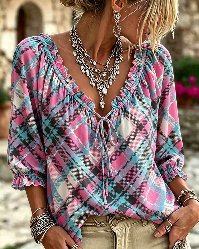 Ruffle Trim Tie Front Plaid Blouse
