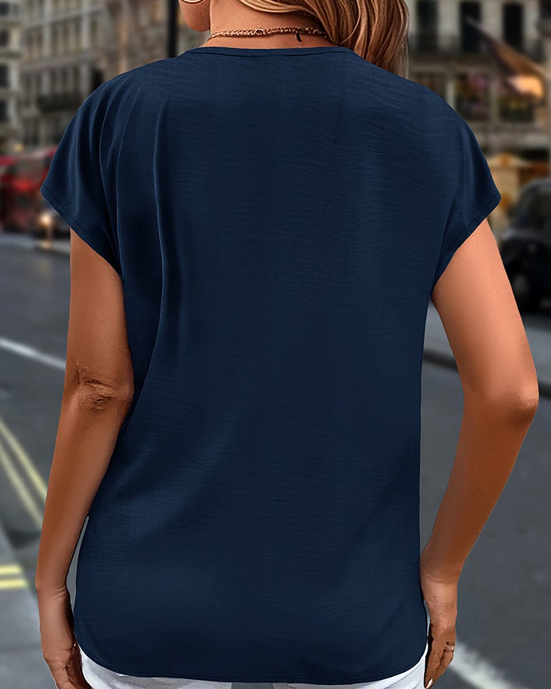 Ruffled Short-Sleeved V-Neck Blouse