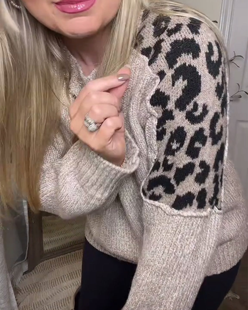 Casual Round Neck Leopard Print Patchwork Pullover