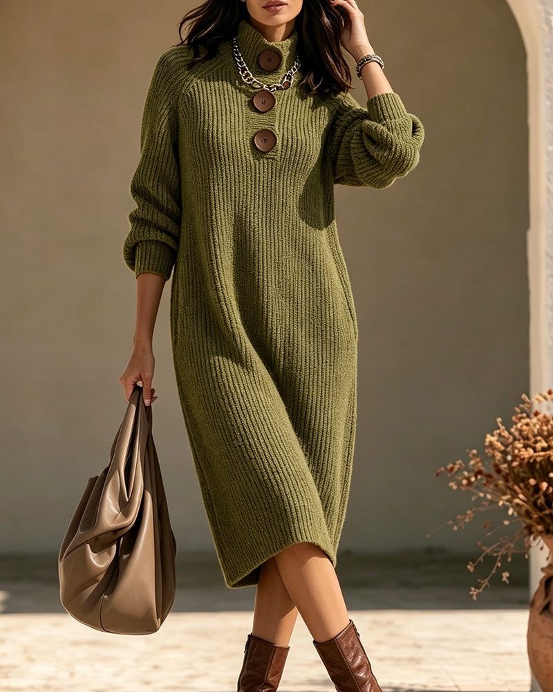 Turtleneck Button Pocket Dress