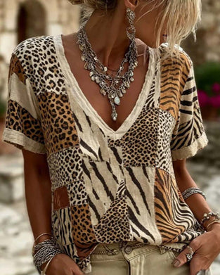 Animal Print Patchwork V-Neck Short Sleeve T-Shirt