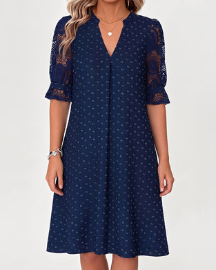V-Neck Print Lace Patchwork A-Line Dress