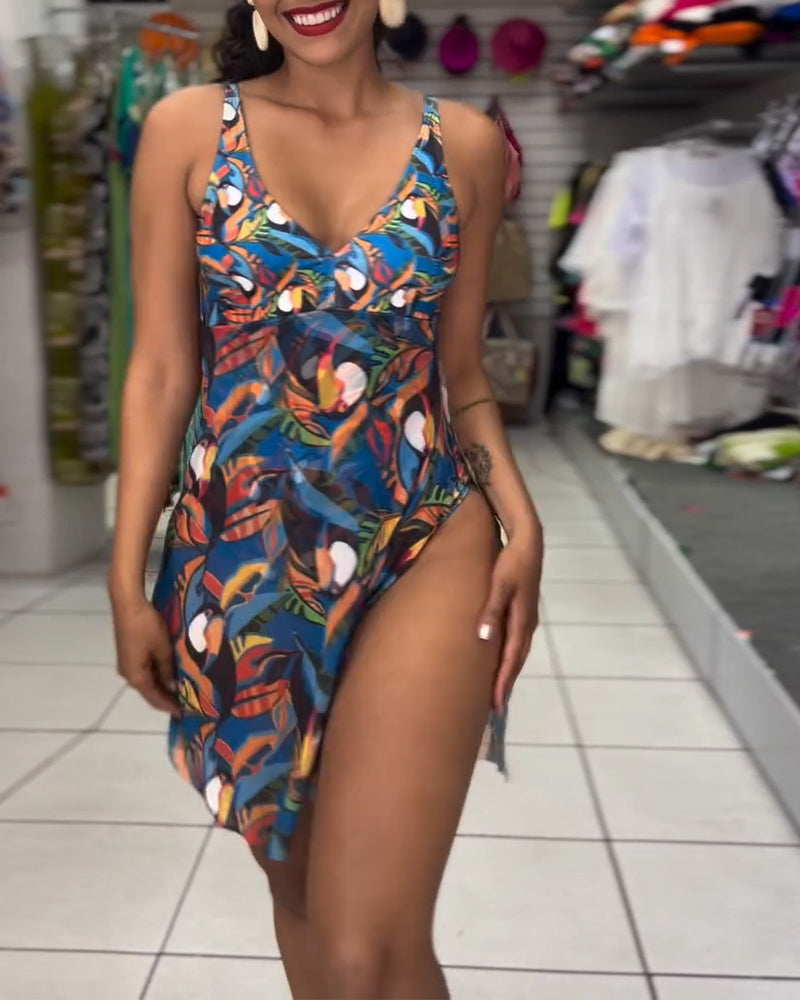 One-Piece Colorful Printed Slit Strap Swimsuit
