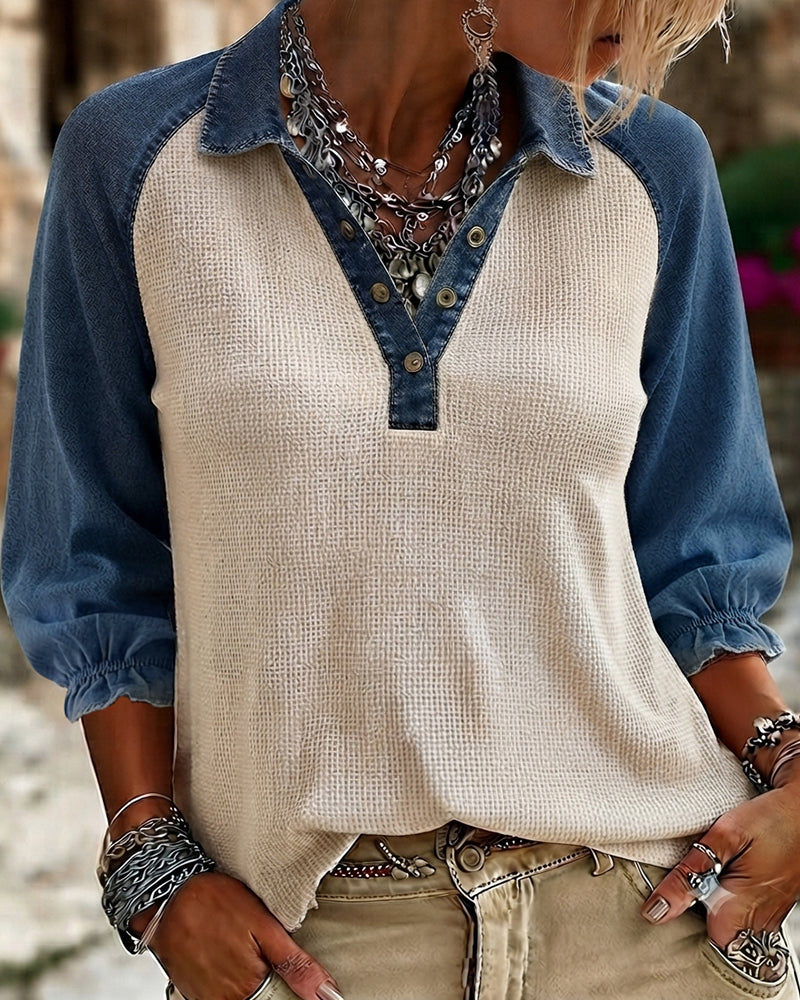 V-Neck Waffle Texture Contrast Denim Blouse