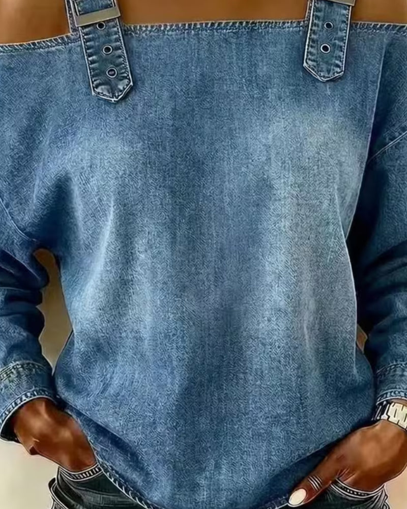 Spaghetti Strap Off-Shoulder Denim Metal Button Blouse