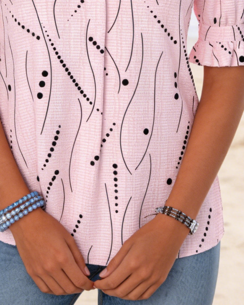 V-Neck Printed Puff Sleeve Knit Top