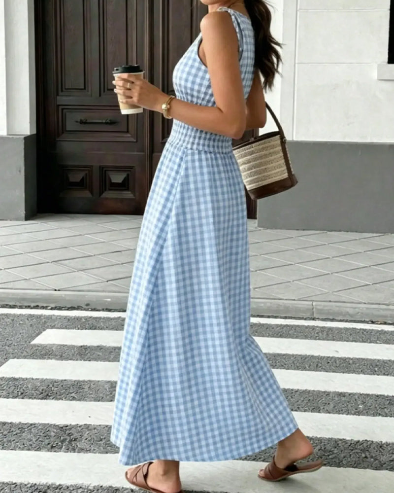 Lace-Up Plaid Suspender A-Line Dress