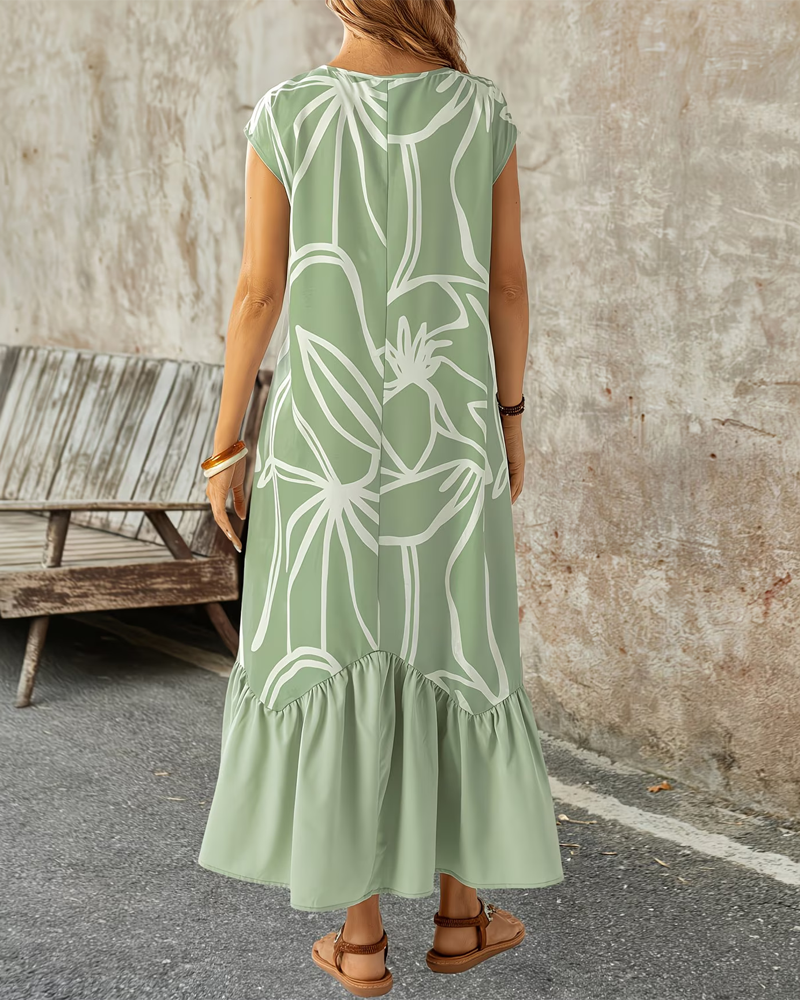 Crew Neck Geometric Print A-Line Dress