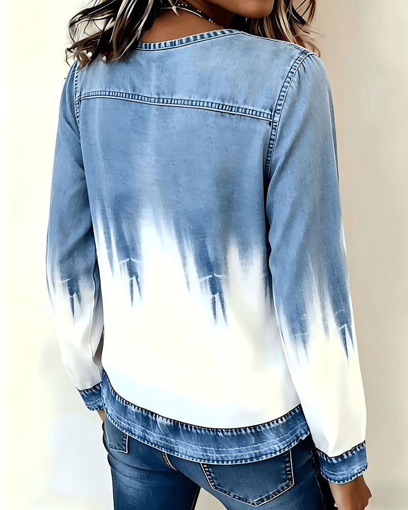 Tie-Dye Printed V-Neck Long-Sleeved Top