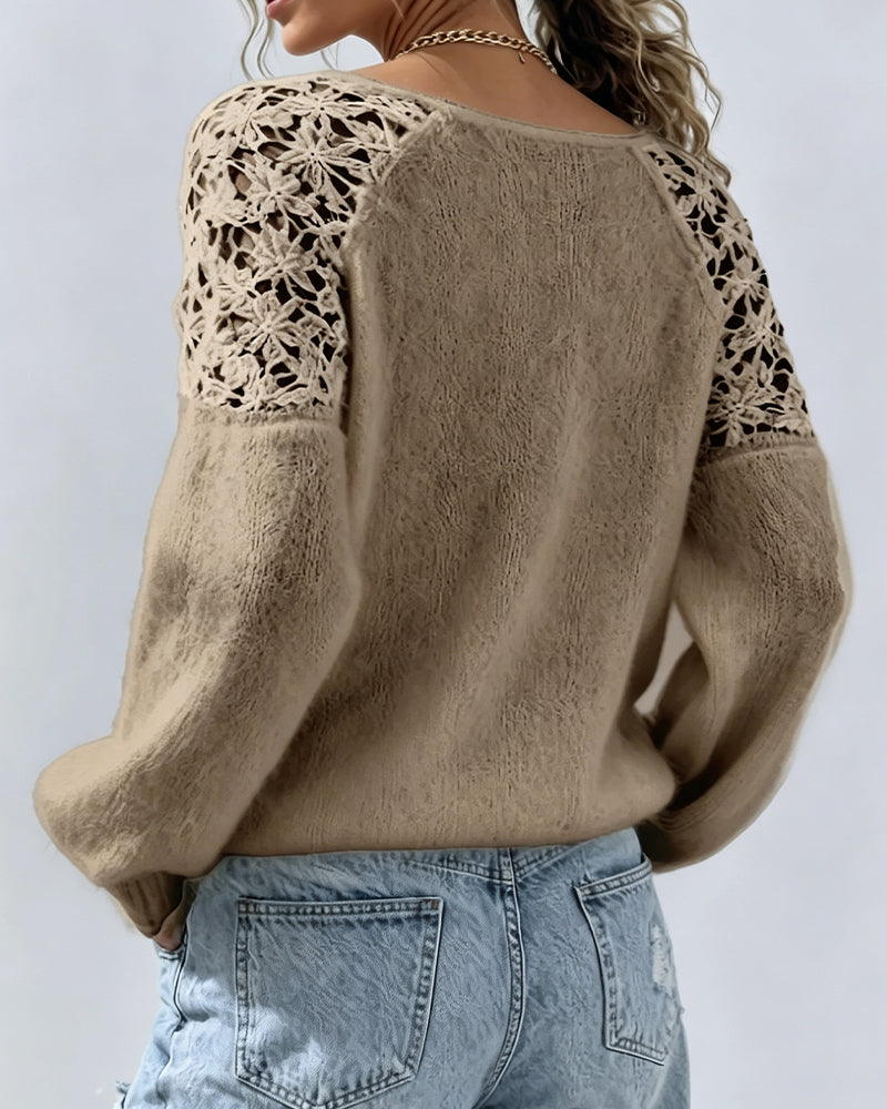 Cutout Lace Detail Patchwork Pullover