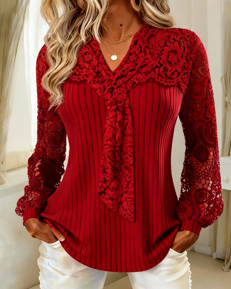 Solid Color Bow Tie Striped Blouse