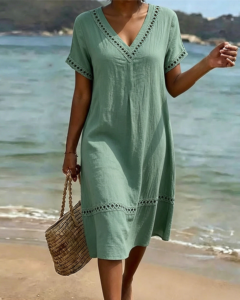 V-Neck Hollow Out Short Sleeve Solid Long Dress