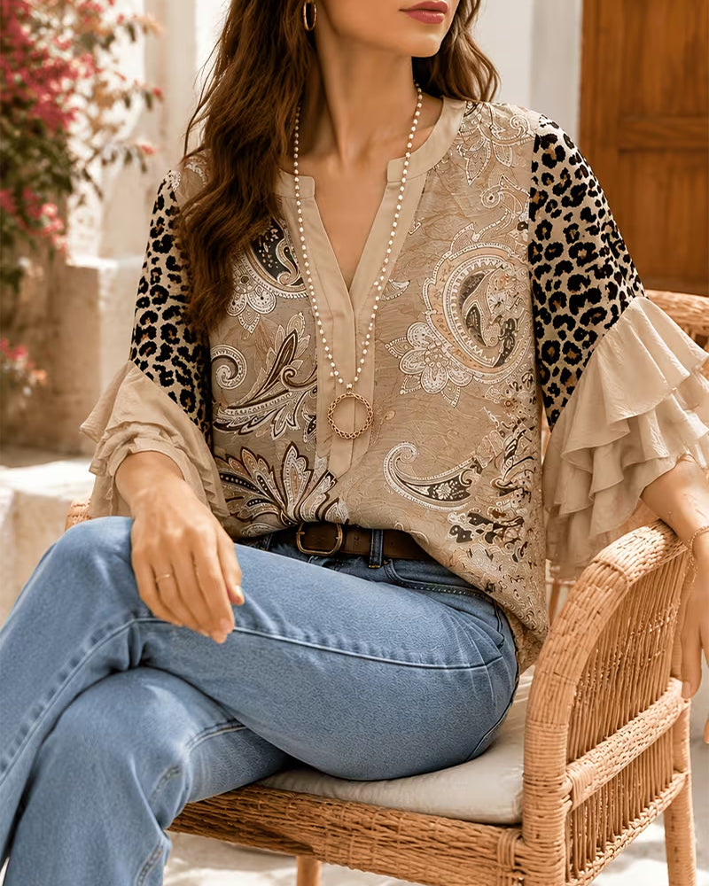 Leopard Print Panel Ruffle Sleeve Blouse