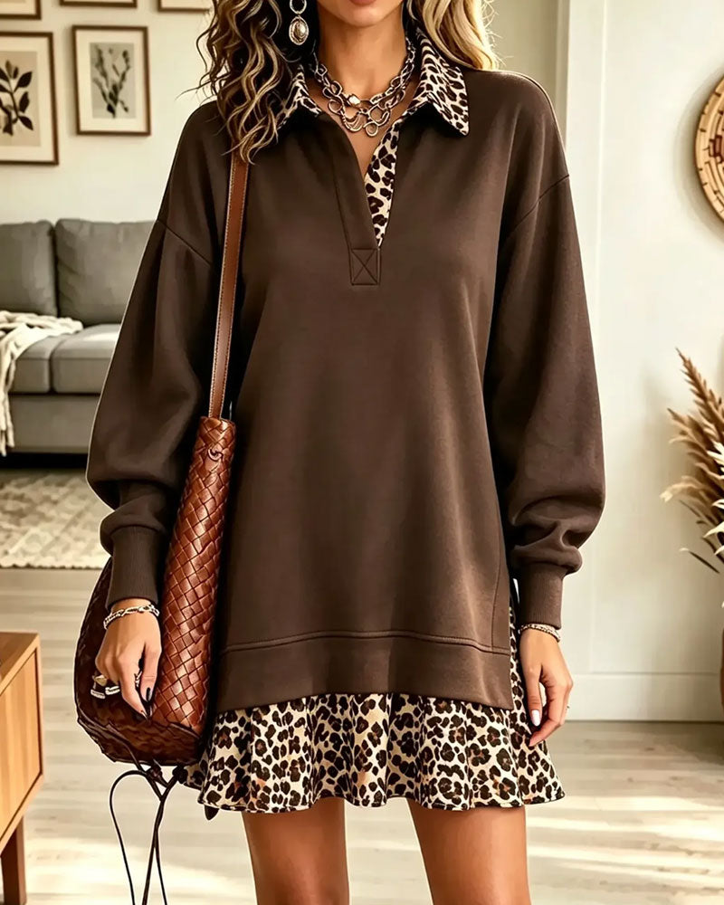 Lapel Collar Leopard Print Faux Two-Piece Dress
