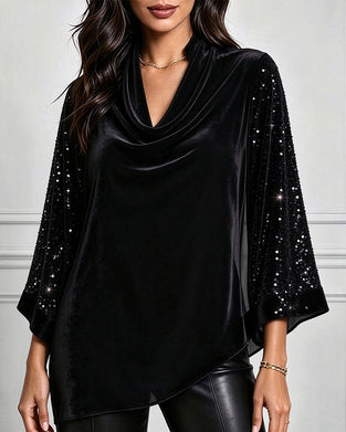 Mock Neck Three-Quarter Sleeve Fan Pleated Top