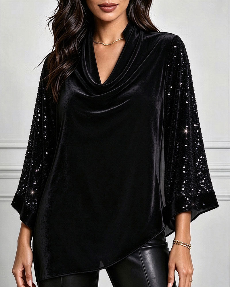 Mock Neck Three-Quarter Sleeve Fan Pleated Top
