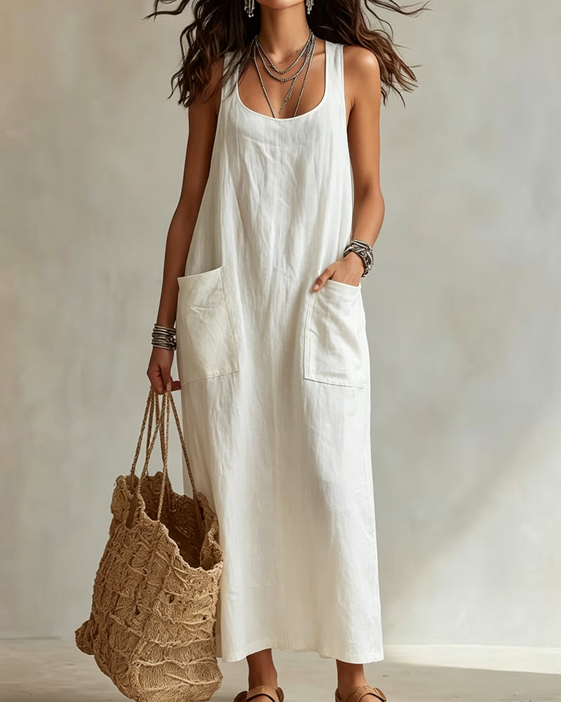 U-Neck Sleeveless Solid Pocket Dress