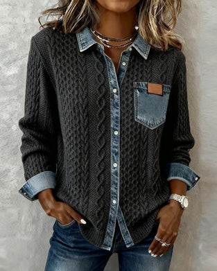 Long-Sleeved Denim Patchwork Shirt