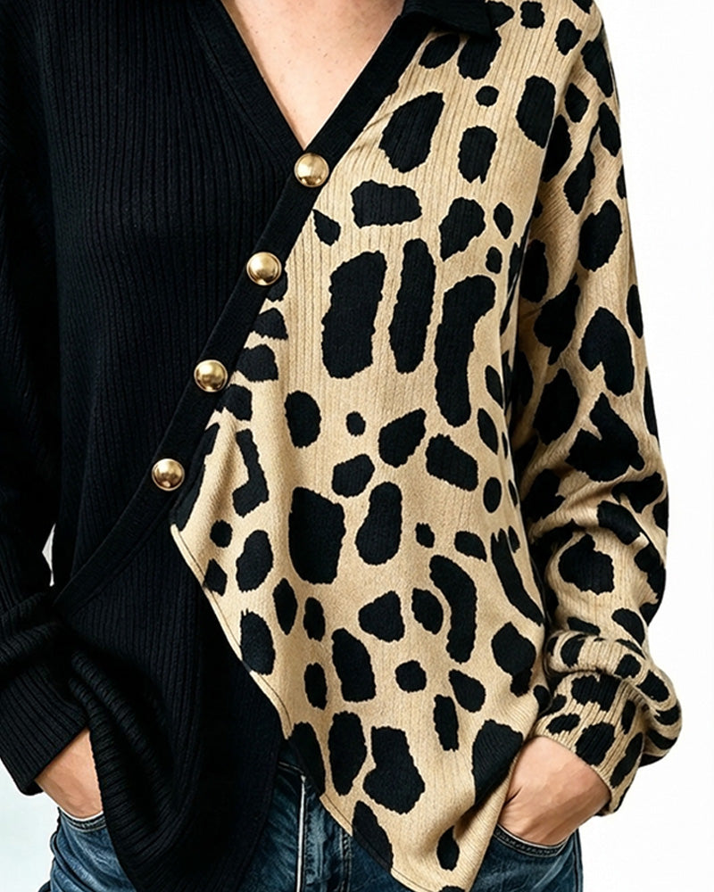 Leopard Patchwork Asymmetric Placket Color Block Pullover