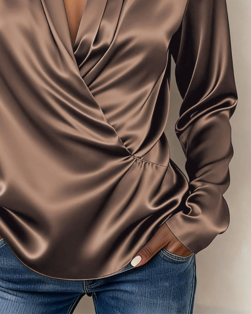 V-Neck Wrap Draped Long Sleeve Blouse