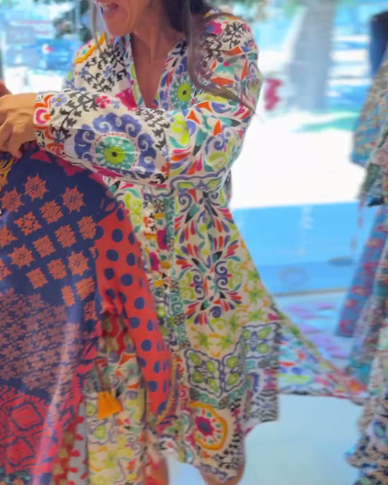 Long Sleeve Bohemian Print Dress