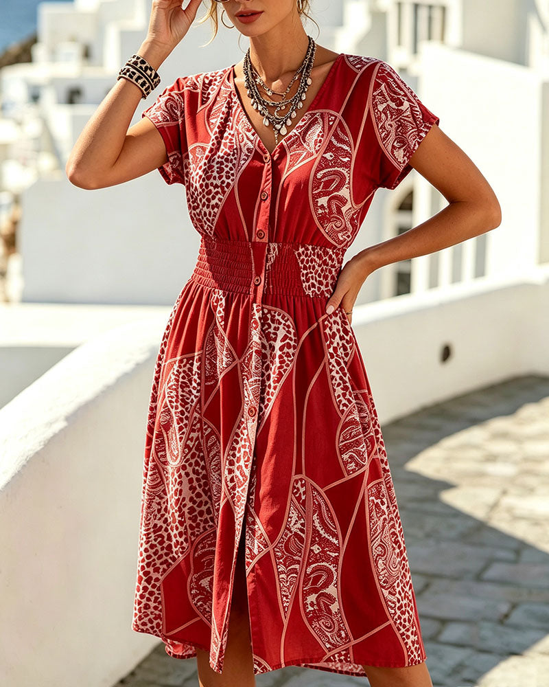 Leopard Print V-Neck Button Waist Dress