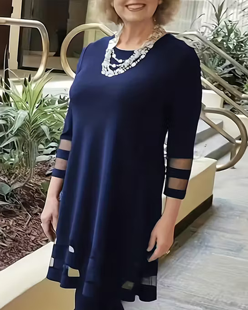 Solid Color Patchwork Round Neck Top