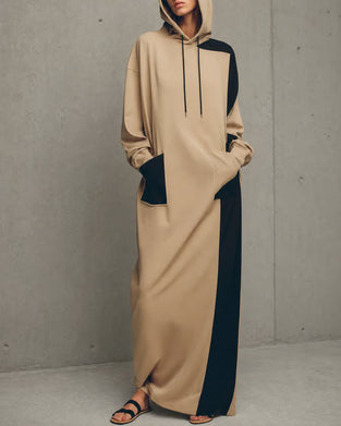 Contrast Hooded Pocket Drawstring Dress