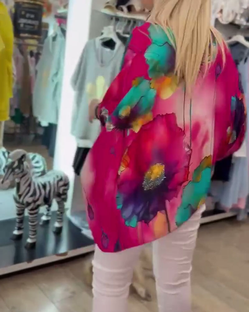 Batwing Sleeve Half Sleeve Print Blouse