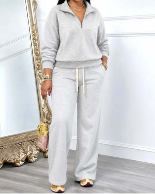 Lapel Zip Pocket Wide Leg Two-Piece Set