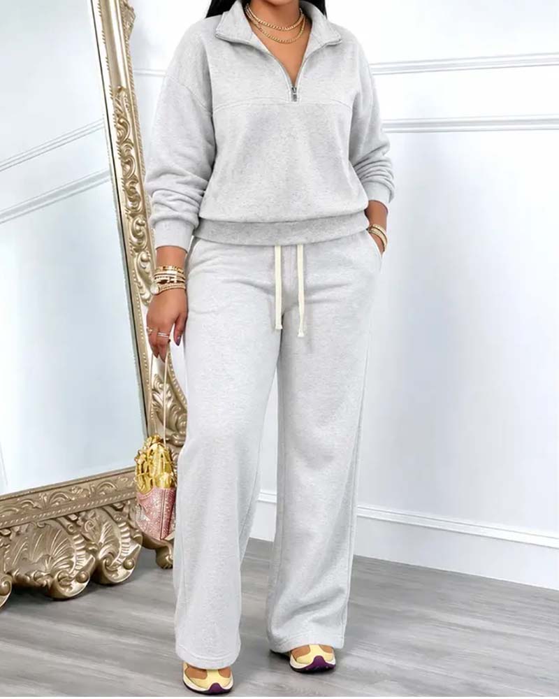 Lapel Zip Pocket Wide Leg Two-Piece Set