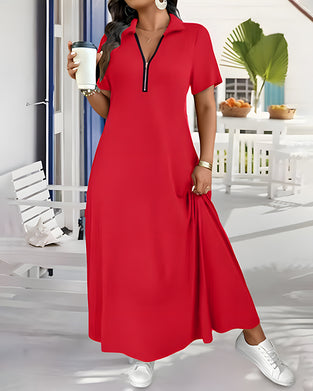 Short Sleeve Solid Zipper Maxi Dress