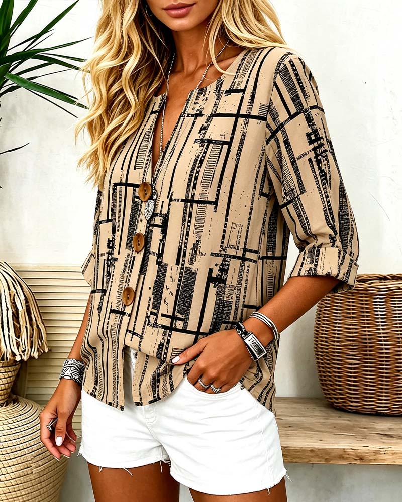 V-Neck Button-Down Striped Blouse